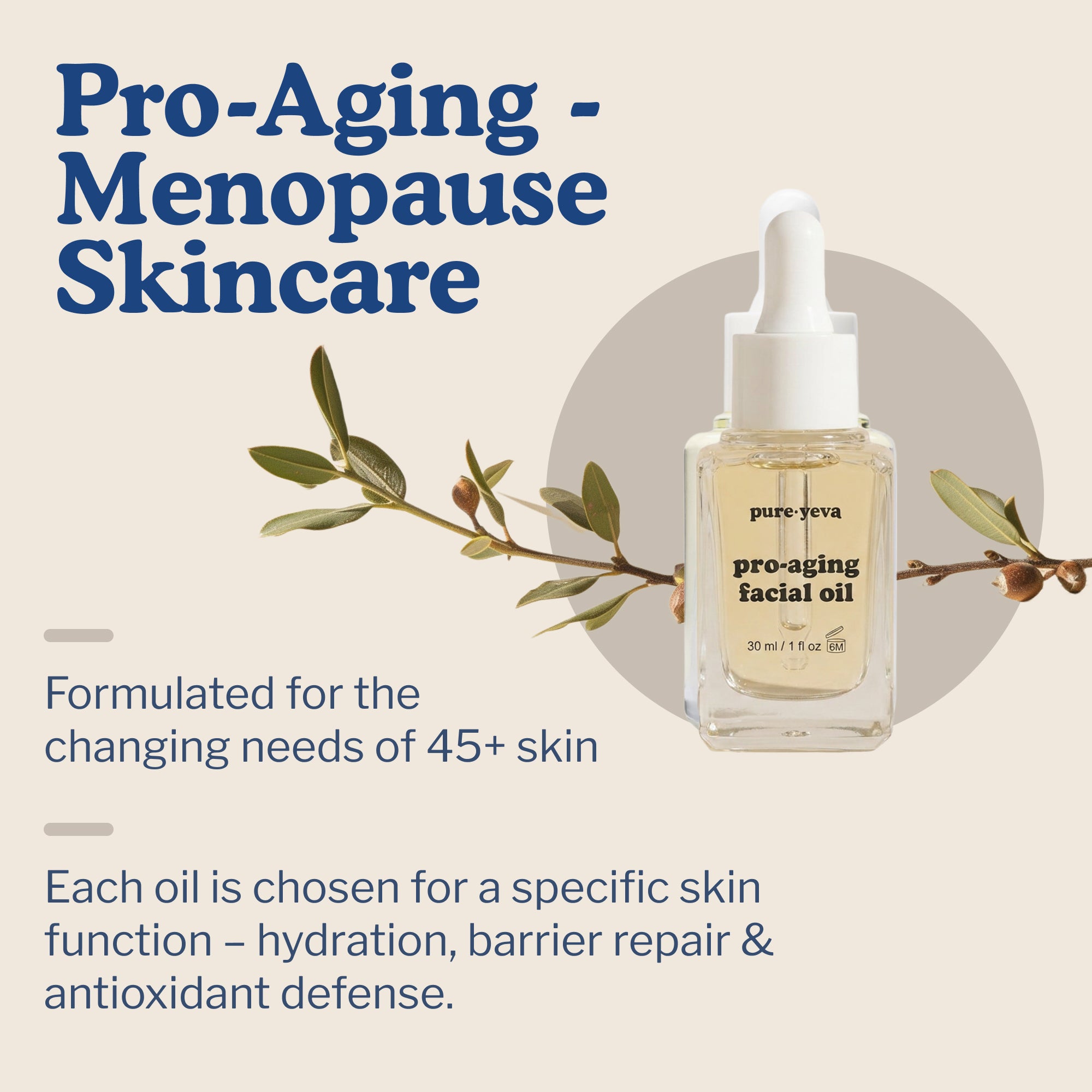 Skincare oil bottle with olive branch on a beige background, labeled 'Pro-Aging Menopause Skincare'.